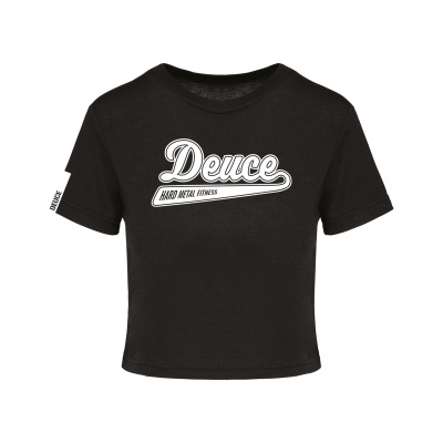 T-shirt preta cropped com texto branco 'Deuce HARD METAL FITNESS'