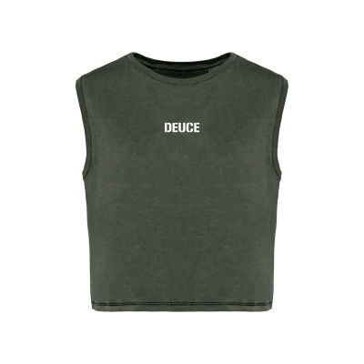 Top cropped sem mangas verde escuro com texto branco DEUCE