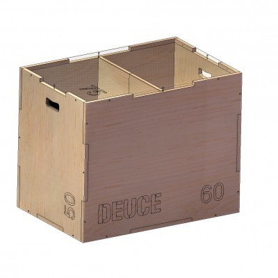 Caixa de madeira clara com divisórias e texto DEUCE 60