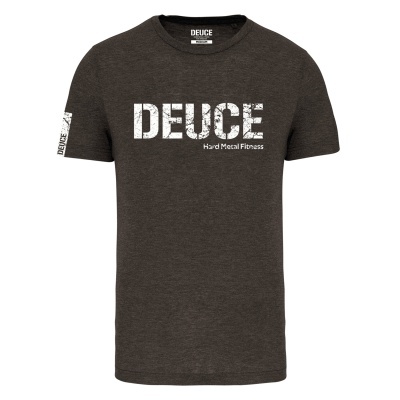 T-shirt cinza escuro com texto branco DEUCE e Hard Metal Fitness na frente