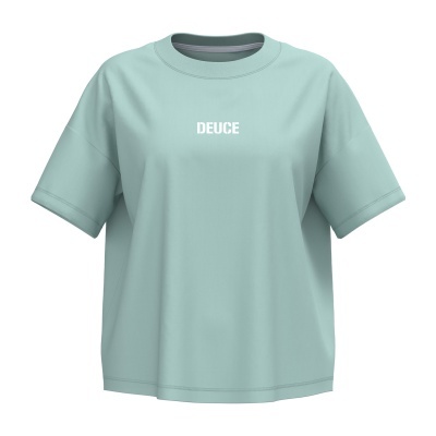 T-shirt verde-água com texto branco 'DEUCE' no peito