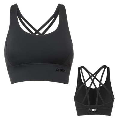 Top desportivo preto com alças cruzadas e texto DEUCE