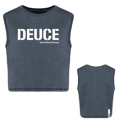 Top cinzento escuro sem mangas com texto branco DEUCE Hard Metal Fitness