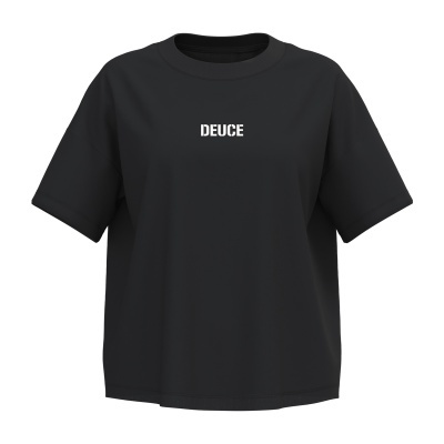 T-shirt preta de manga curta com texto branco DEUCE no peito