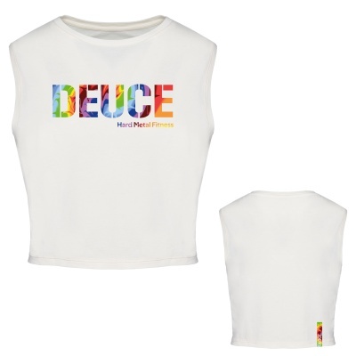 Camisola branca sem mangas com texto colorido DEUCE Hard Metal Fitness