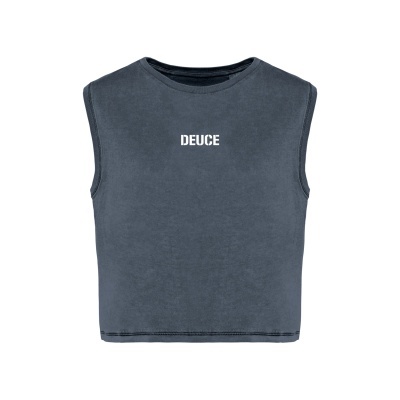 Top feminino sem mangas cinza com texto branco DEUCE