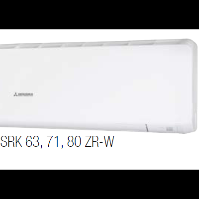 Ar condicionado branco Mitsubishi com comando sem fios e texto descritivo