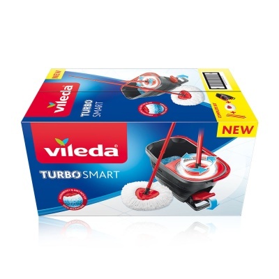 Embalagem do produto Vileda Turbo Smart com mocho preto, esfregona branca e cabo vermelho