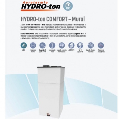 Equipamento branco HYDRO-ton COMFORT – Mural com topo preto e texto explicativo sobre o produto