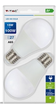 Pacote com duas lâmpadas LED V-TAC A65 15W 100W E27