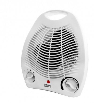 Aquecedor elétrico branco com grelha frontal e botões de controlo
