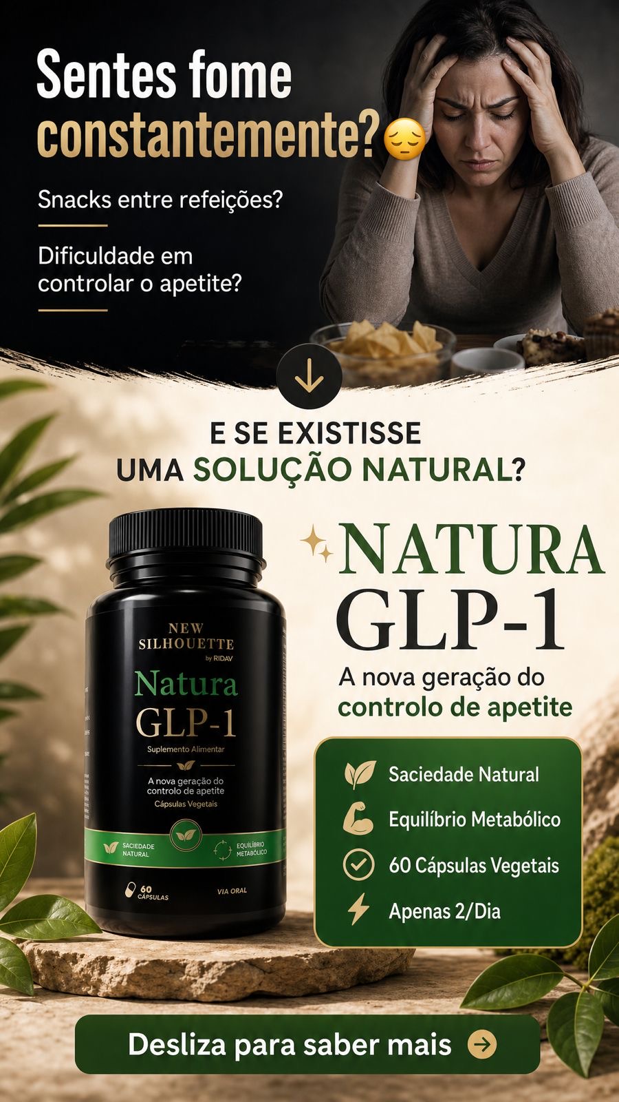 Natura GLP-1 Produto suplemento Natura GLP-1 em embalagem preta com texto promocional em português.