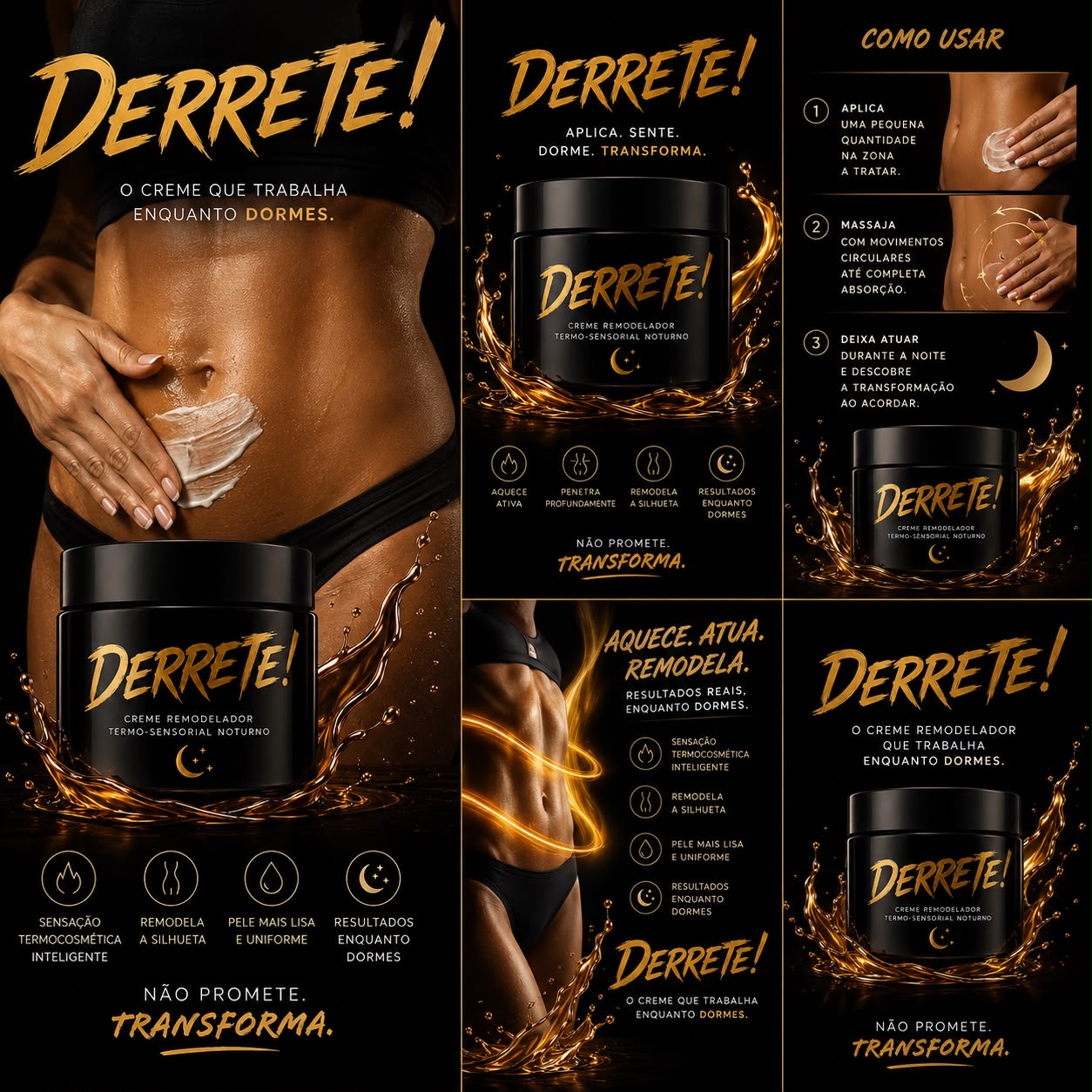 Creme DERRETE - Entrega estimada a 18/06/2026 Embalagem de creme DERRETE e aplicação na pele abdominal com texto informativo em português.