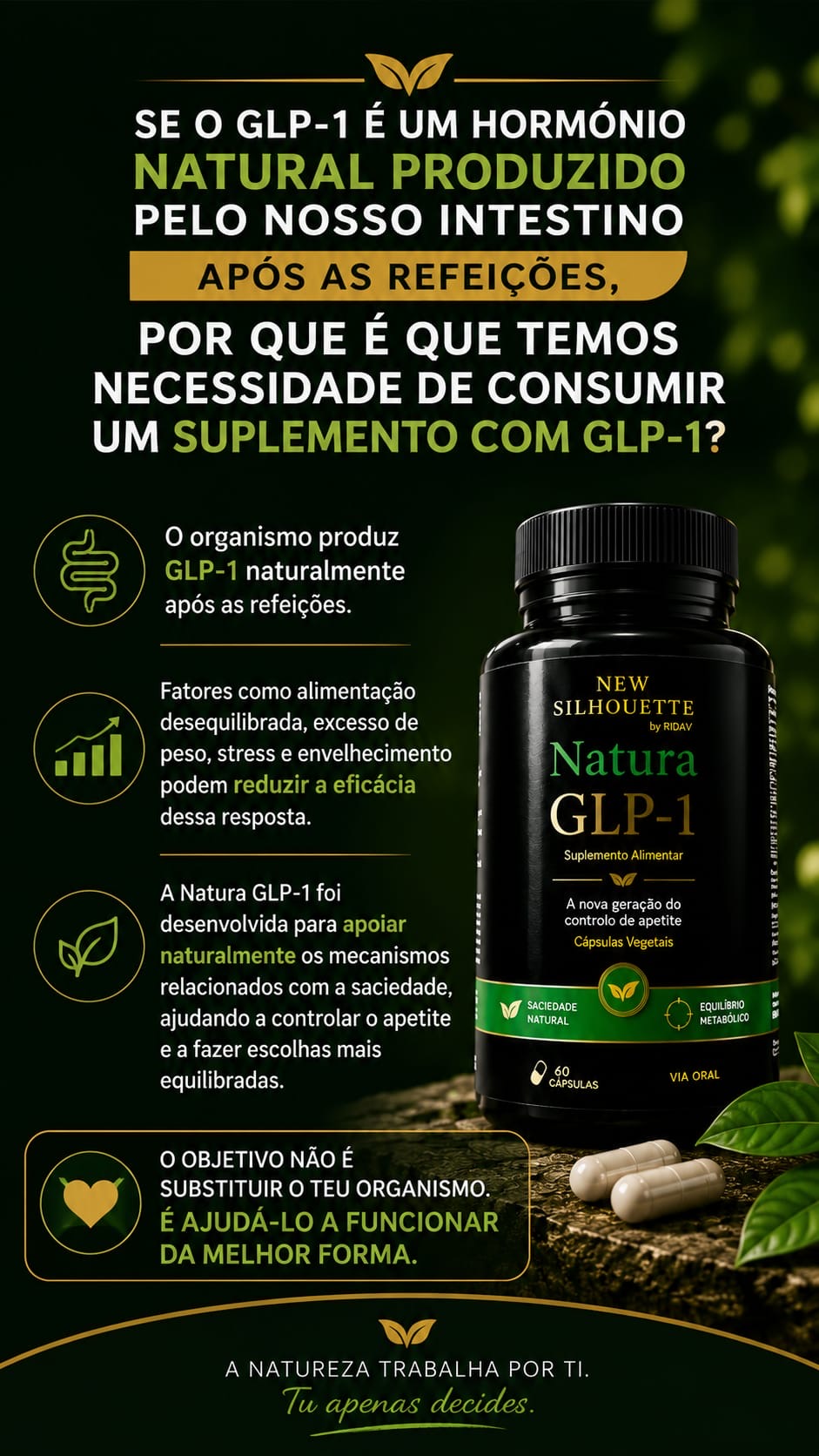 Natura GLP-1 frasco de suplemento alimentar Natura GLP-1 com cápsulas e texto informativo em português