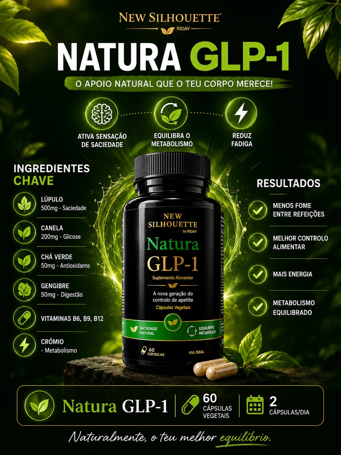Natura GLP-1 Suplemento alimentar Natura GLP-1 em frasco preto com texto sobre ingredientes e benefícios em fundo verde com folhas.