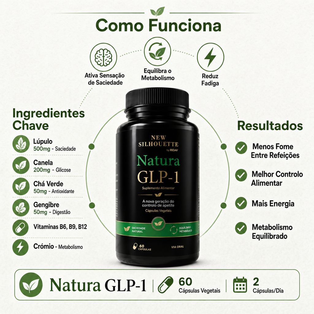 Natura GLP-1 Frasco preto de suplemento alimentar Natura GLP-1 com texto explicativo e ícones verdes.
