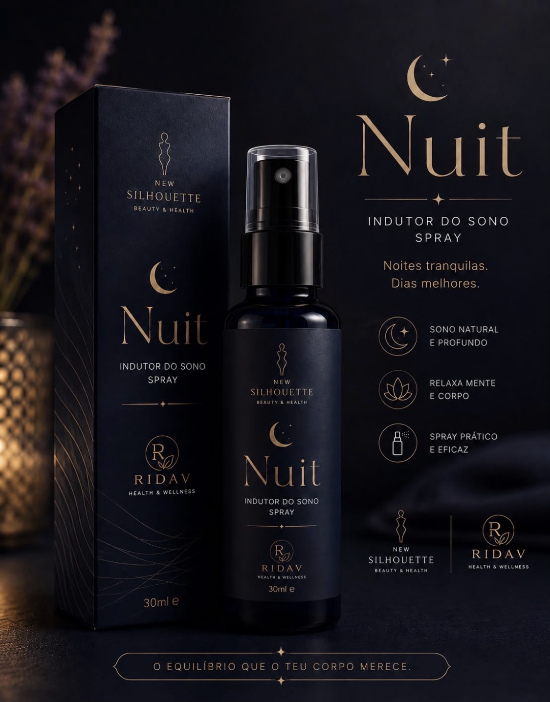 NUIT - Indutor do sono - Spray oral com Melatonina Spray induzidor do sono Nuit em embalagem preta com detalhes dourados ao lado da caixa
