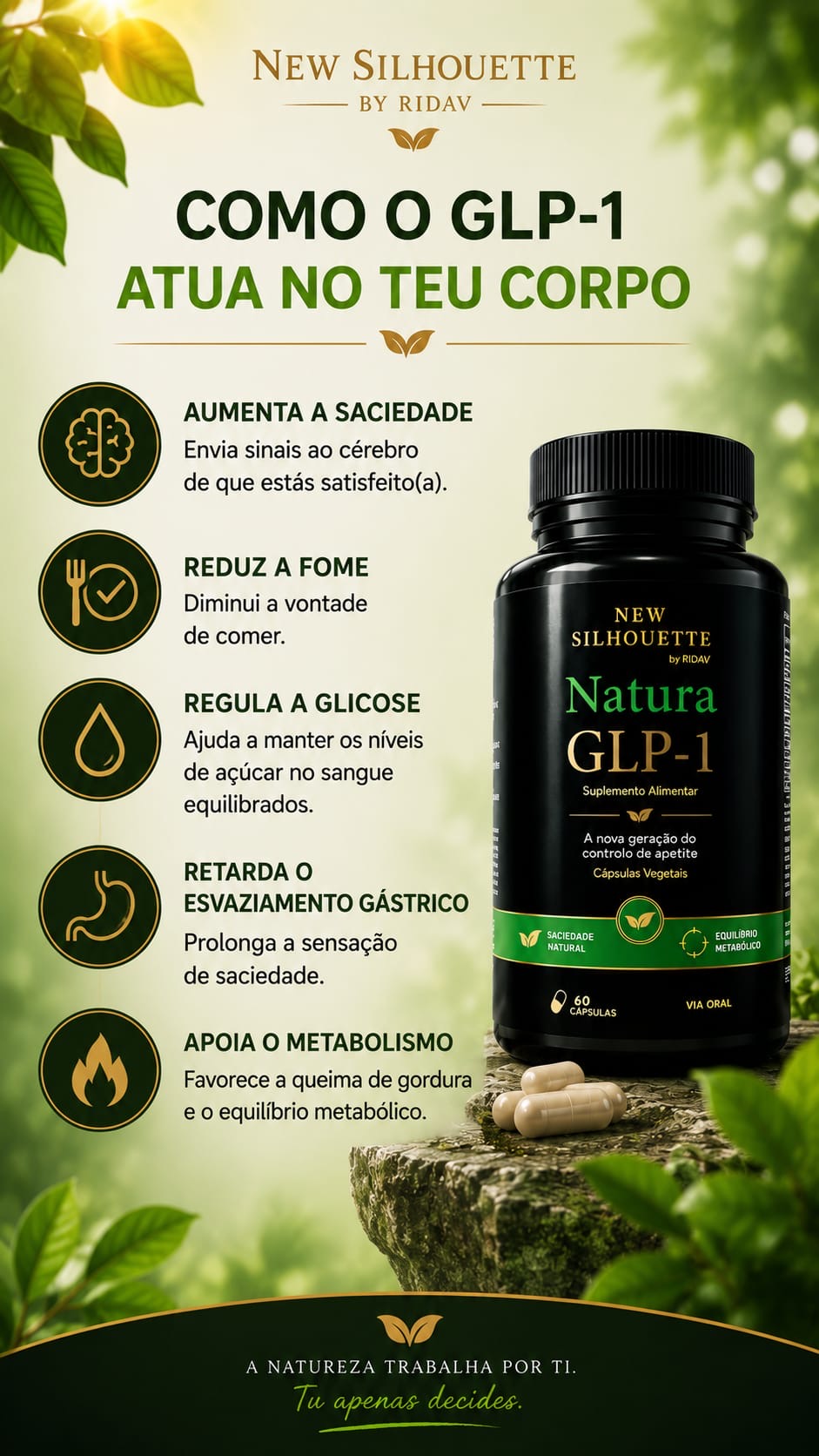 Natura GLP-1 Frasco preto e verde do suplemento Natura GLP-1 sobre pedra com cápsulas ao lado e texto explicativo sobre o produto em fundo natural