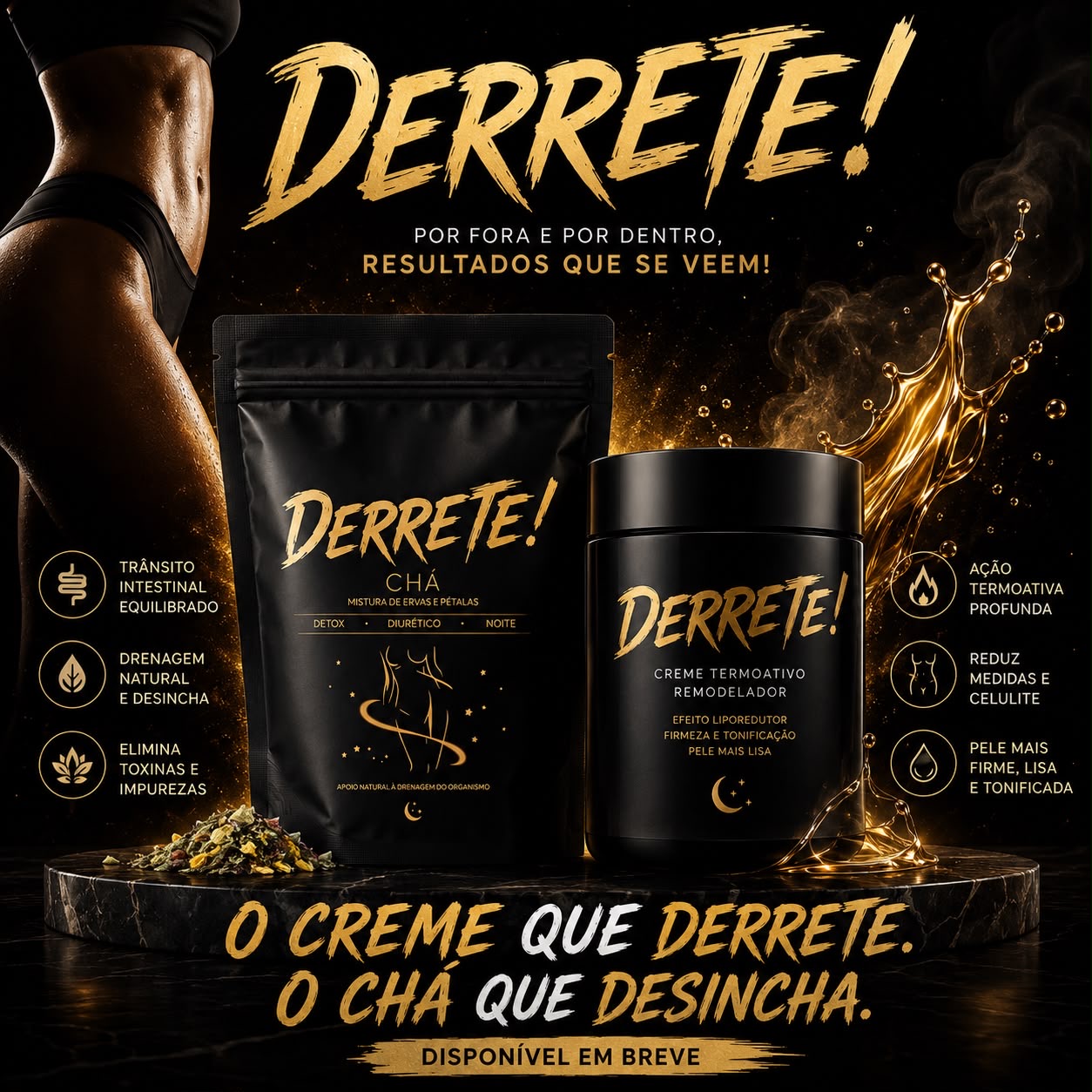Kit DERRETE - Creme e Chá - Entrega estimada a 18/06/2026 Embalagem preta de chá e creme da marca DERRETE! com fundo preto e elementos dourados.