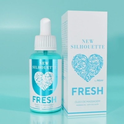 Frasco de óleo de massagem e caixa com design azul e branco