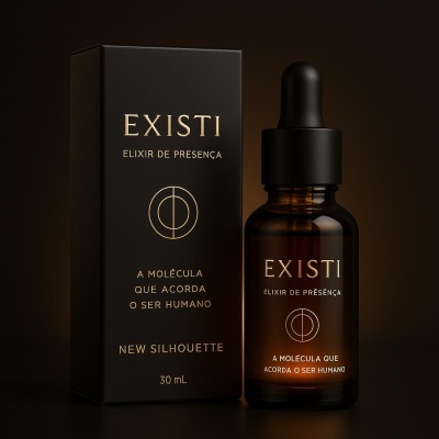 Frasco âmbar com conta-gotas e caixa preta do elixir EXISTI ELIXIR DE PRESENÇA