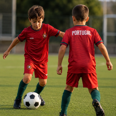 Crianças a jogar futebol com fatos de treino de Portugal em campo de relva.