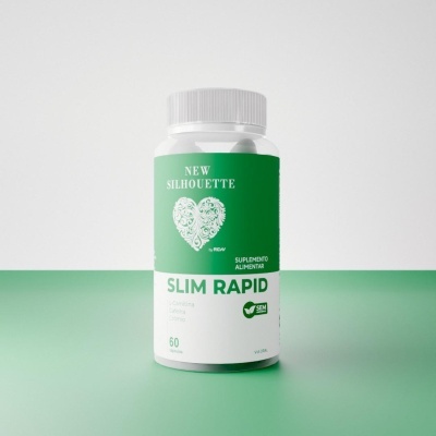 Frasco branco de suplemento alimentar SLIM RAPID com rótulo verde e branco