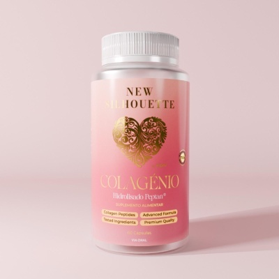 Frasco de suplemento alimentar COLAGÉNIO com rótulo rosa e detalhes dourados