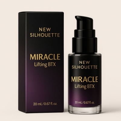 Frasco com doseador e caixa do produto 'MIRACLE Lifting BTX' preto com texto dourado
