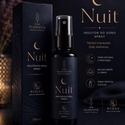 Spray induzidor do sono Nuit em embalagem preta com detalhes dourados ao lado da caixa