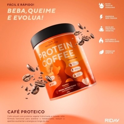 Embalagem laranja de café proteico com grãos de café ao redor e texto explicativo