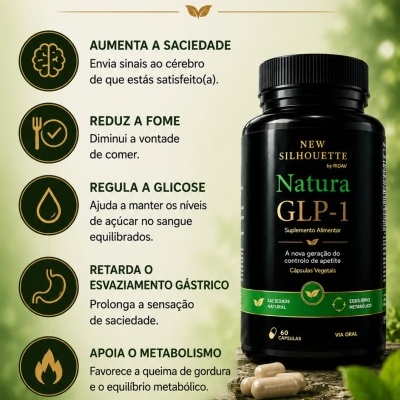 Frasco preto e verde do suplemento Natura GLP-1 sobre pedra com cápsulas ao lado e texto explicativo sobre o produto em fundo natural
