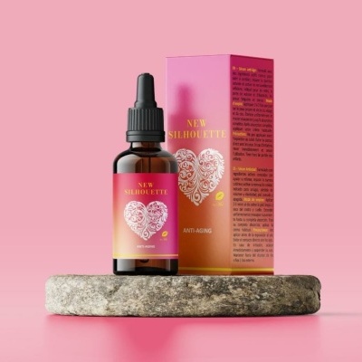 Frasco e embalagem do produto NEW SILHOUETTE sobre base de pedra e fundo rosa.
