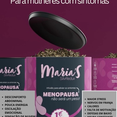 Embalagem de chá Maria'S SilvRedux menopausa com tampa preta levantada e folhas de chá