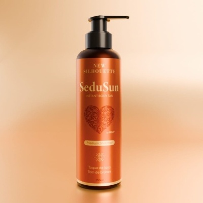 Frasco laranja com doseador preto de loção corporal SeduSun