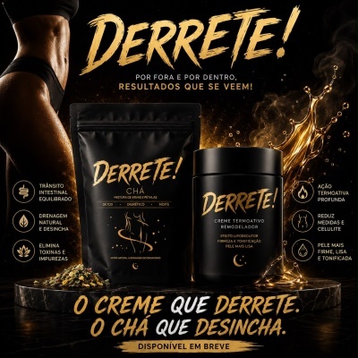 Embalagem preta de chá e creme da marca DERRETE! com fundo preto e elementos dourados.