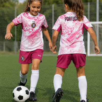 Duas crianças jogando futebol com uniformes rosa e branco com emblema de Portugal