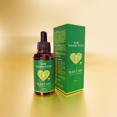 Frasco âmbar com conta-gotas e caixa verde com nome NEW SILHOUETTE SLIM FAST
