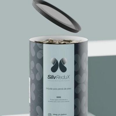 Frasco cilíndrico cinza com tampa preta e rótulo SilvReduX Infusão para perda de peso