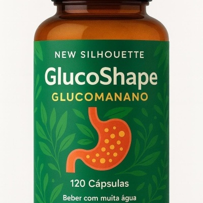 Frasco de suplemento GlucoShape Glucomanano com rótulo verde e estômago desenhado