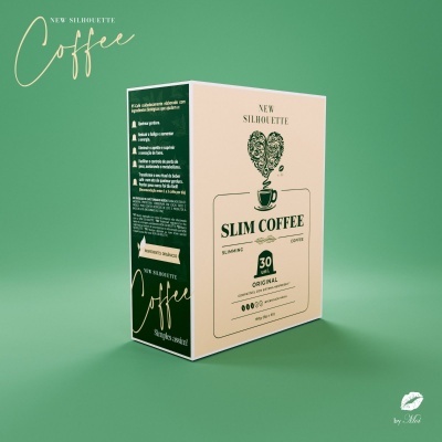 Embalagem de café New Silhouette Slim Coffee com ilustração de xícara e texto no fundo verde