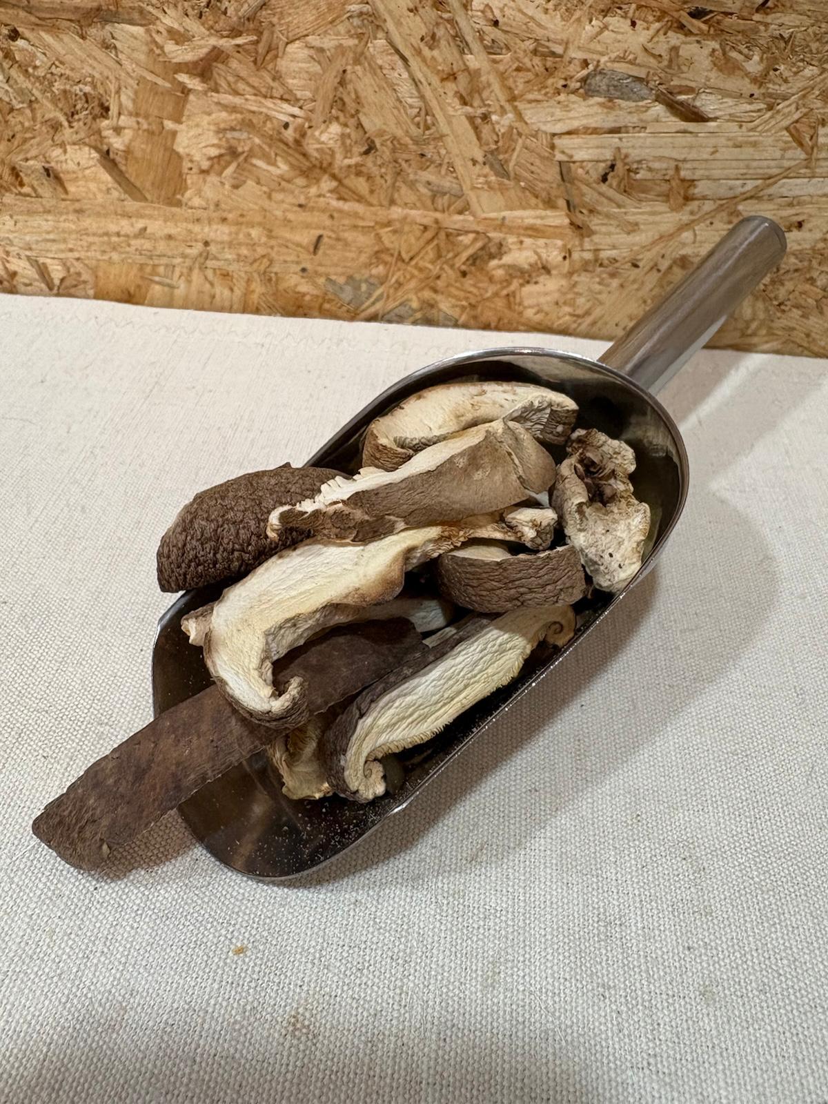 Cogumelo Shiitake Desidratado Pá metálica com cogumelos secos