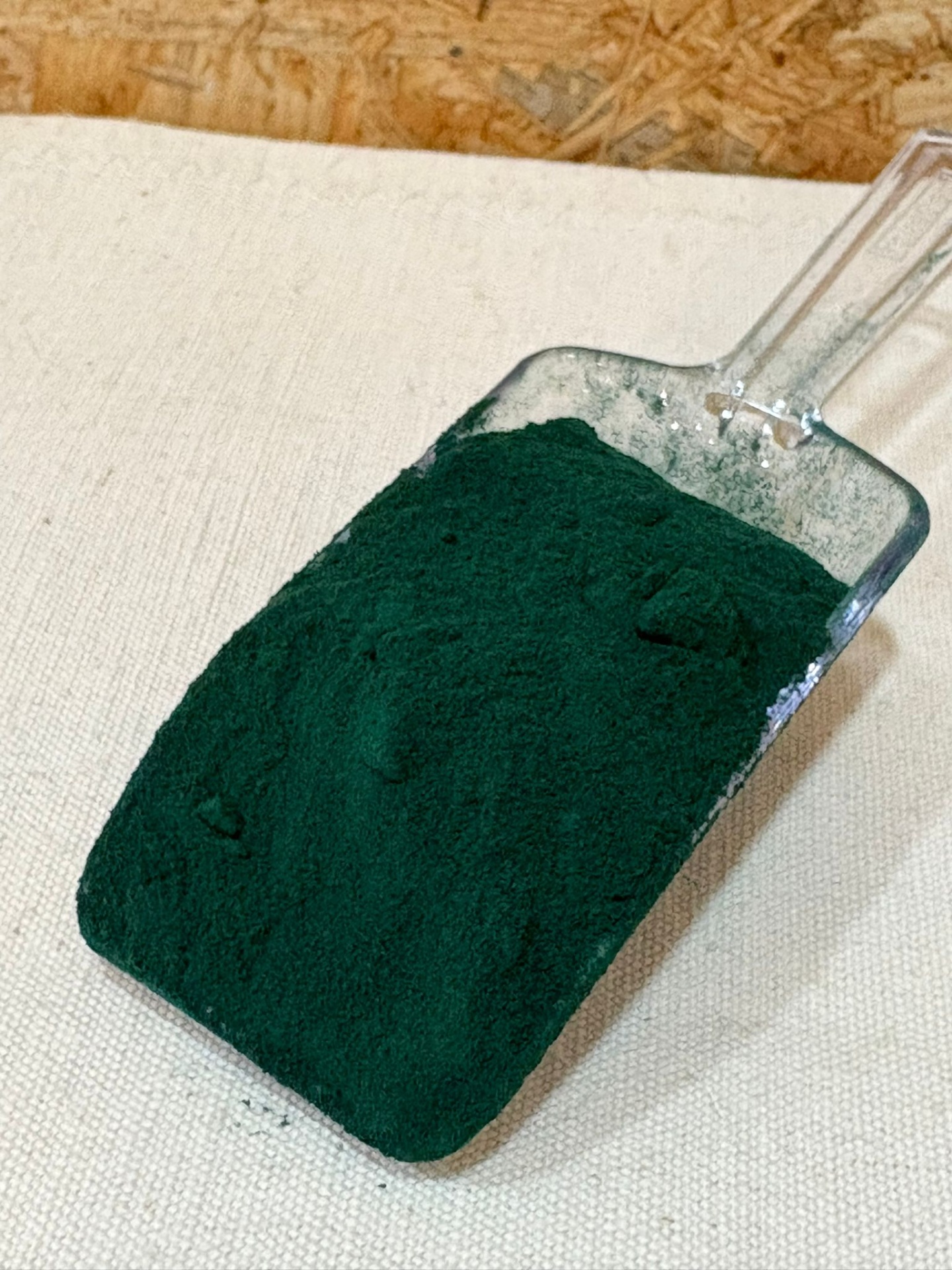 Espirulina Pá de plástico com pó verde escuro