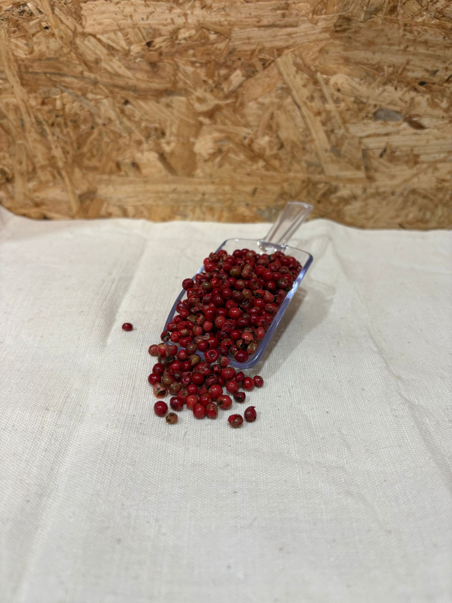 Pimenta Rosa Grão Escova plástica transparente com bagas vermelhas sobre pano branco