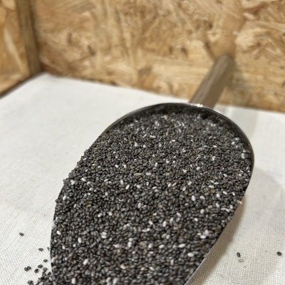 Colher metálica com sementes de chia pretas e brancas