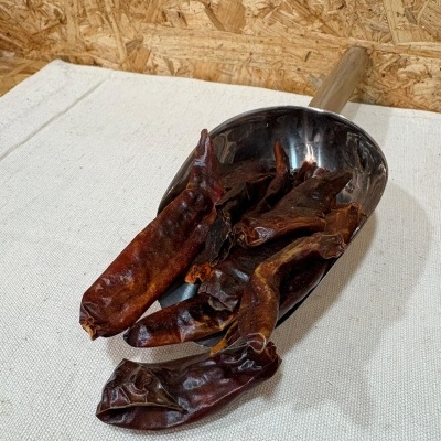 Colher metálica com pimentos secos castanhos sobre tecido bege