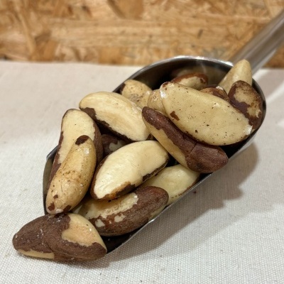 Núcleos de castanha do pará numa colher metálica sobre tecido bege com fundo de madeira