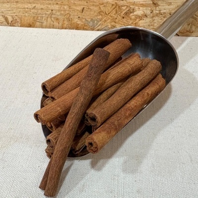 Paus de canela num scoop metálico em superfície branca com fundo de madeira OSB