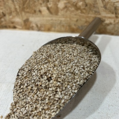 Colher metálica com sementes pequenas brancas e bege sobre tecido branco