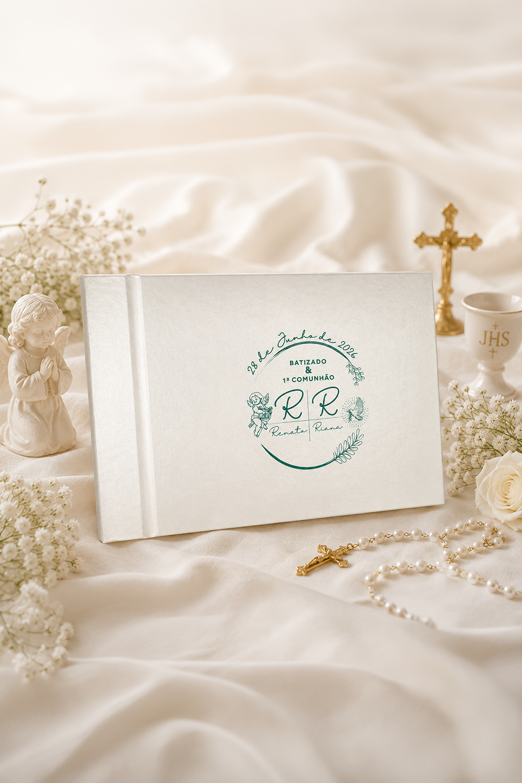 Livro de Honra - 25 folhas papel reciclado Livro branco para batizado e comunhão com decoração religiosa e flores brancas